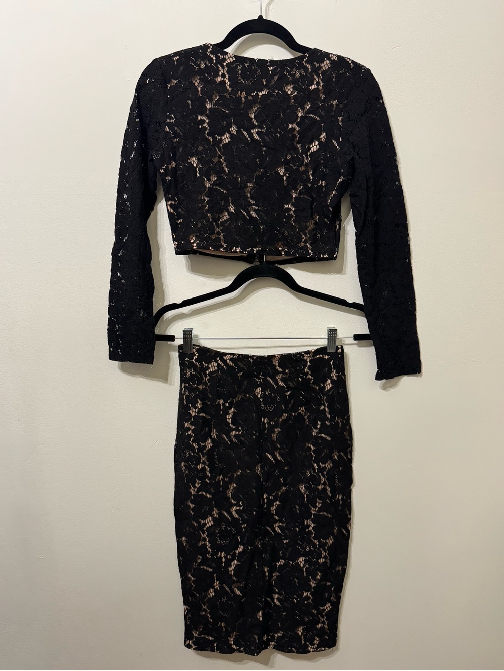 Black Lace Cropped Top and Pencil Skirt - Women